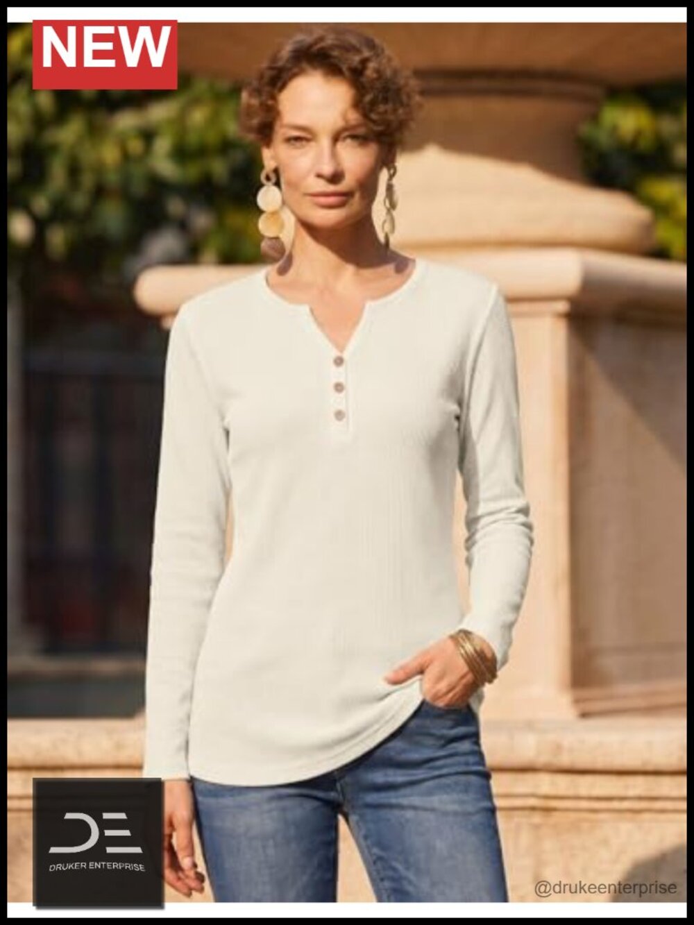 Women's Long Sleeve Waffle Knit V Neck Tunic Tops - Picture 4 of 6